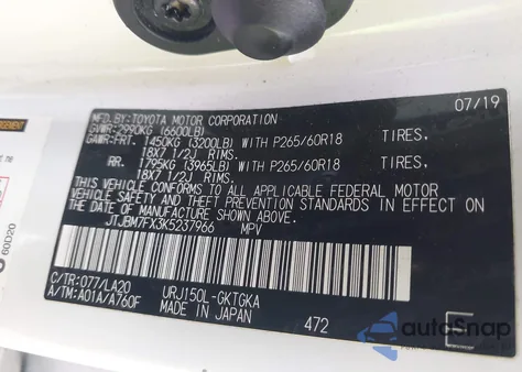 2019 Lexus Gx 460 Premium from USA, damaged, VIN JTJBM7FX3K5237966